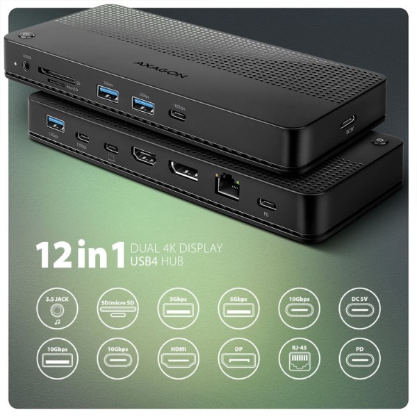 Фото - Хаб USB AXAGON USB4 40Gbps DUAL 4K DISPLAY 12in1 dock, Black (HMC-U4)