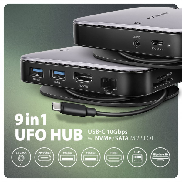 Фото - Хаб USB AXAGON USB-C 10Gbps UFO 9in1 Grey (HMC-UFO)