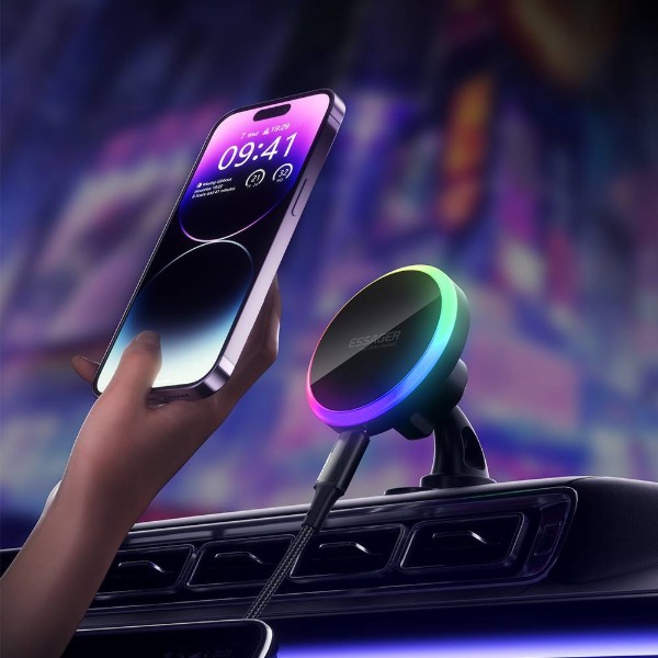 Фото - Автотримач з бездротовою зарядкою Essager Neon magnetic wireless charger car bracket beak hook + paste (EZJCX-NH01-Z)