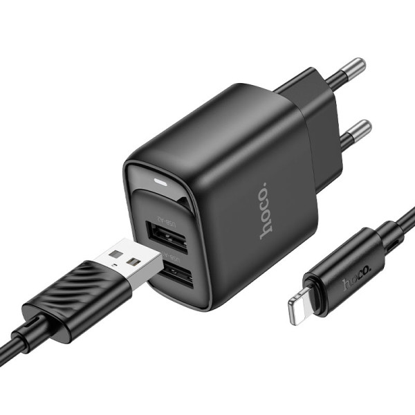 Фото - Мережевий зарядний пристрій HOCO C141A Smart dual-port charger set(iP) Black (6942007627863)