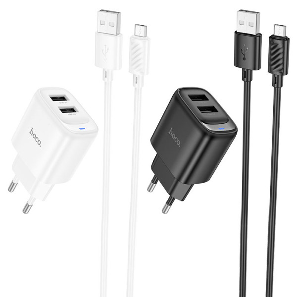 Фото - Мережевий зарядний пристрій HOCO C141A Smart dual-port charger set(Micro) White (6942007627894)