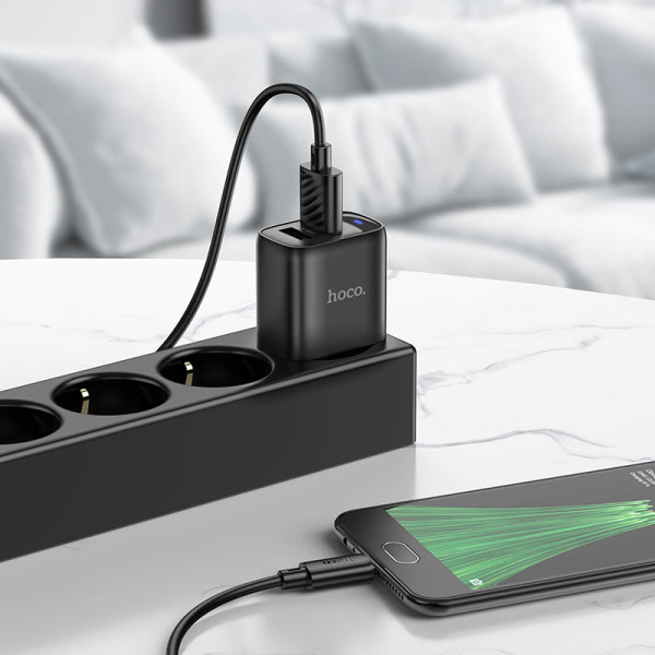 Фото - Мережевий зарядний пристрій HOCO C141A Smart dual-port charger set(iP) Black (6942007627863)