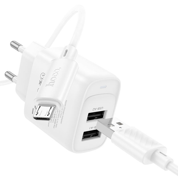 Фото - Мережевий зарядний пристрій HOCO C141A Smart dual-port charger set(Micro) White (6942007627894)