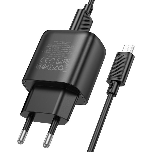 Фото - Мережевий зарядний пристрій HOCO C141A Smart dual-port charger set(iP) Black (6942007627863)
