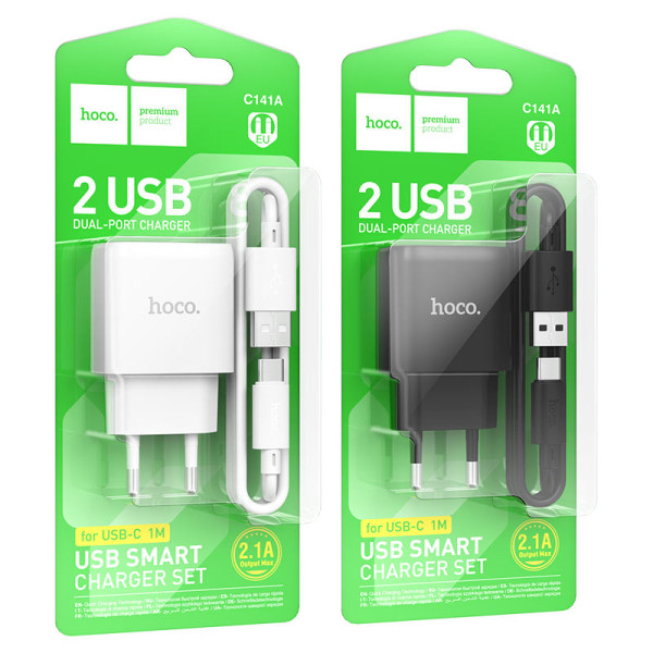 Фото - Мережевий зарядний пристрій HOCO C141A Smart dual-port charger set(Type-C) White (6942007627917)