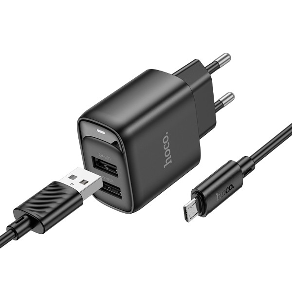 Фото - Мережевий зарядний пристрій HOCO C141A Smart dual-port charger set (Micro) Black (6942007627887)