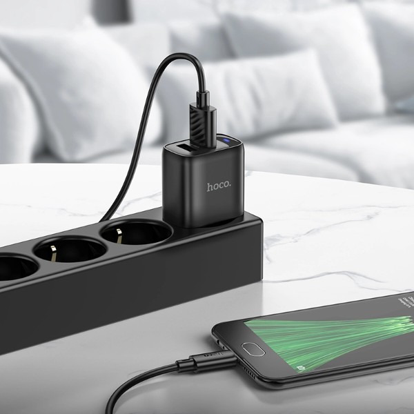 Фото - Мережевий зарядний пристрій HOCO C141A Smart dual-port charger set (Micro) Black (6942007627887)