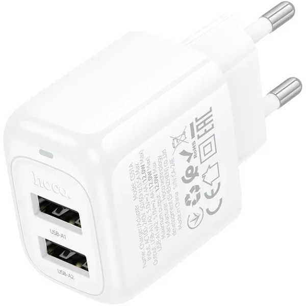 Фото - Мережевий зарядний пристрій HOCO CS51A Surplus dual-port charger(EU) White (6942007631419)