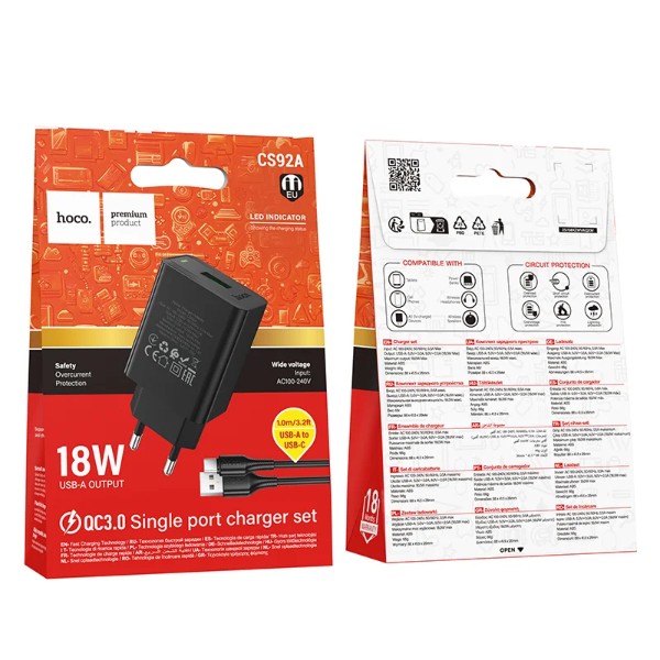 Фото - Мережевий зарядний пристрій HOCO CS92A QC3.0 charger set(Type-C) Black (6942007671057)