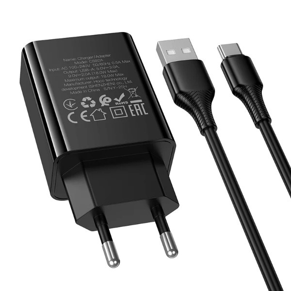 Фото - Мережевий зарядний пристрій HOCO CS92A QC3.0 charger set(Type-C) Black (6942007671057)