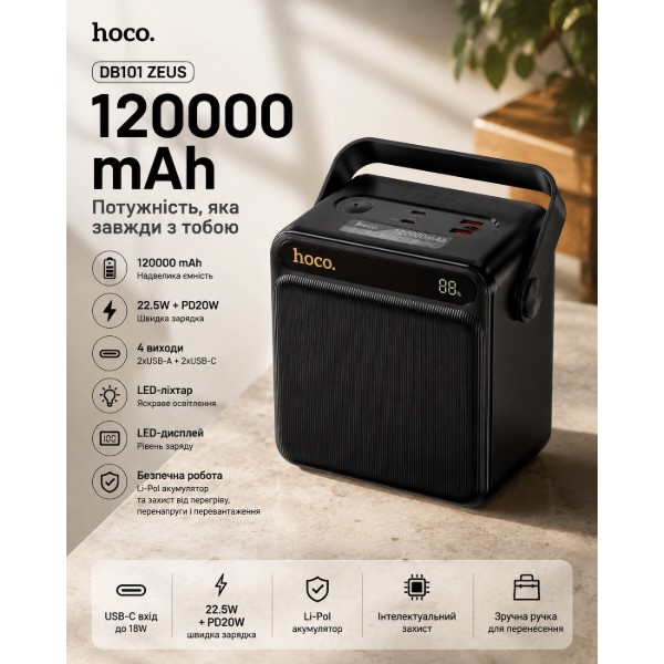 Фото - Батарея мобильная HOCO DB101 Zeus 22.5W + PD20W +LED-фонарь 120000 mAh Black (716184)