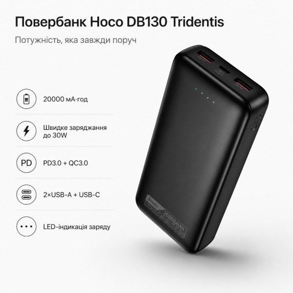 Фото - Батарея мобильная HOCO DB130 Tridentis PD30W + QC3.0 20000 mAh Black (715942)