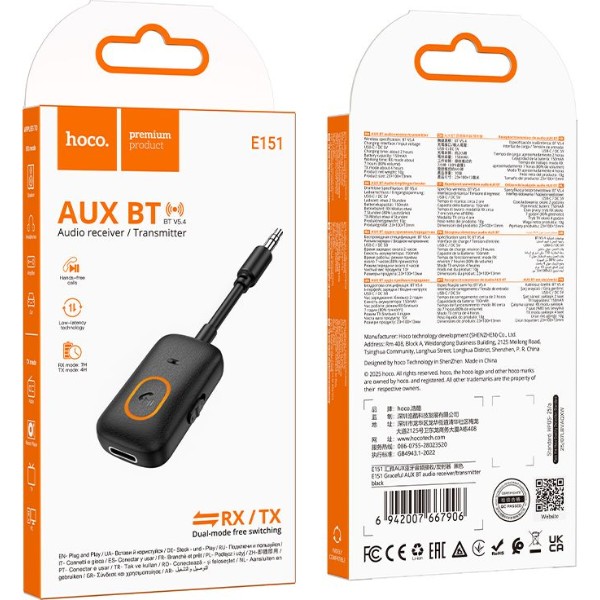 Фото - Беспроводной адаптер автомобильный HOCO E151 Graceful AUX BT Black (6942007667906)