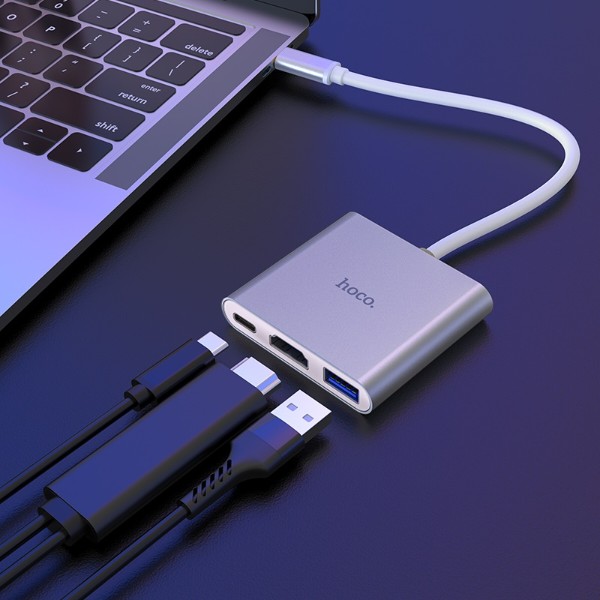 Фото - Хаб USB HOCO HB14 Easy use Type-C adapter Type-C to USB3.0+HDMI+PD Silver (6931474725790)