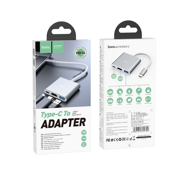 Фото - Хаб USB HOCO HB14 Easy use Type-C adapter Type-C to USB3.0+HDMI+PD Silver (6931474725790)