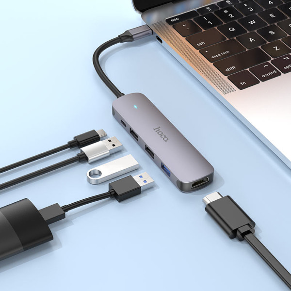 Фото - Хаб USB HOCO HB27 Type-C multi-function converter HDTV+USB3.0+USB2.0х2+PD Metal Gray (6931474769329)