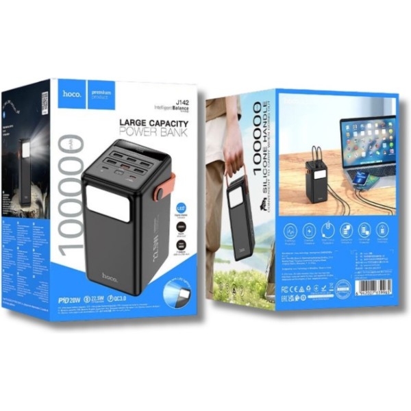 Фото - Батарея мобільна HOCO J142 Surpass 22.5W + PD20W з LED-ліхтарем та ручкою 100000 mAh Black (715655)