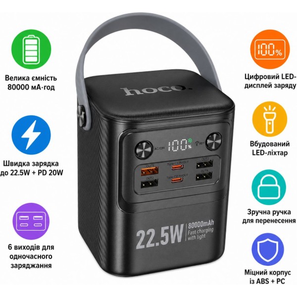 Фото - Батарея мобільна HOCO J152 Tough 22.5W + PD20W з LED-ліхтарем та ручкою 80000 mAh Black (715657)
