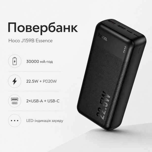 Фото - Батарея мобільна HOCO J159B Essence 22.5W + PD20W 30000 mAh Black (715941)