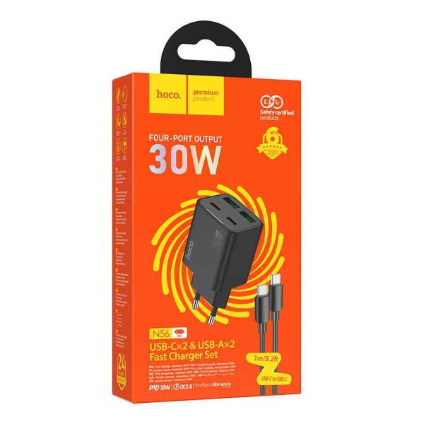 Фото - Сетевое зарядное устройство HOCO N56 Fundador four-port PD30W(2C2A) charger(EU) Black (694200763249)