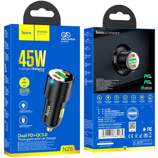 Фото - Автомобільний зарядний пристрій HOCO NZ6 PD45W 3-port(2C1A) Black (6931474765185)