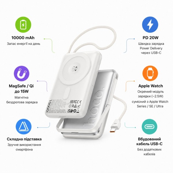 Фото - Батарея мобільна HOCO Q43 Clever Dual PD20W Magnetic з кабелем Type-C, зарядкою для Apple Watch та підставкою 10000 mAh Silver (715649)
