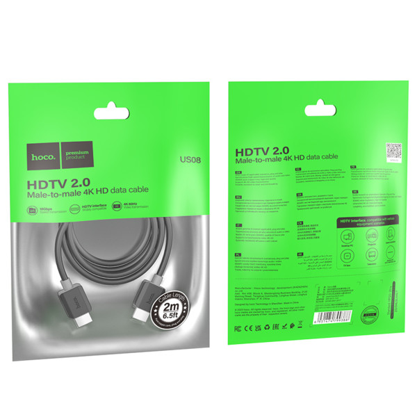 Фото - Кабель HDMI HOCO US08 HDTV 2.0 male-to-male 4K HD data cable 2M Black (6931474799395)