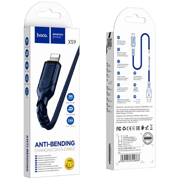 Фото - Кабель HOCO X59 USB to iP 2.4A, 1m Blue (6931474744883)