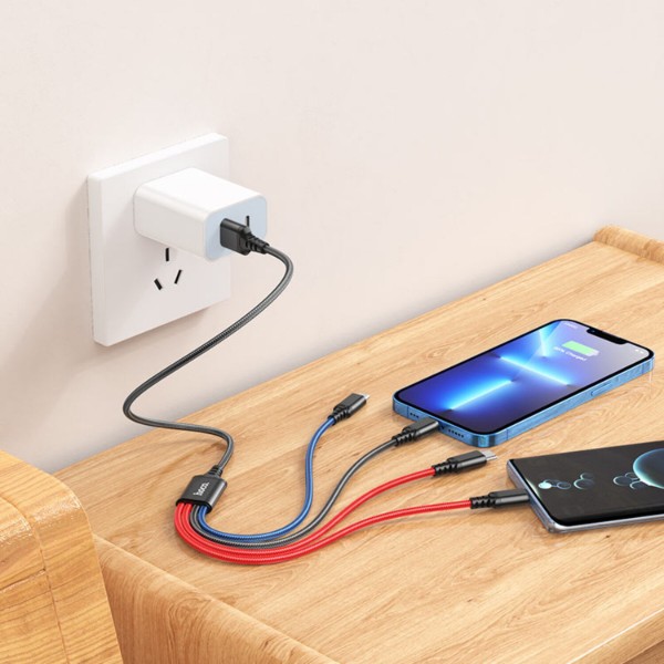 Фото - Кабель HOCO X76 USB to iP+Type-C+Type-C+Micro 2A, 1m Black+Red+Blue (6931474768650)