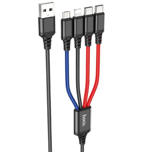 Фото - Кабель HOCO X76 USB to iP+Type-C+Type-C+Micro 2A, 1m Black+Red+Blue (6931474768650) Фото - Кабель HOCO X76 USB to iP+Type-C+Type-C+Micro 2A, 1m Black+Red+Blue (6931474768650)