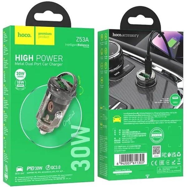 Фото - Автомобильное зарядное устройство HOCO Z53A Vision PD30W+QC3.0 Transparent Black (6942007611305)
