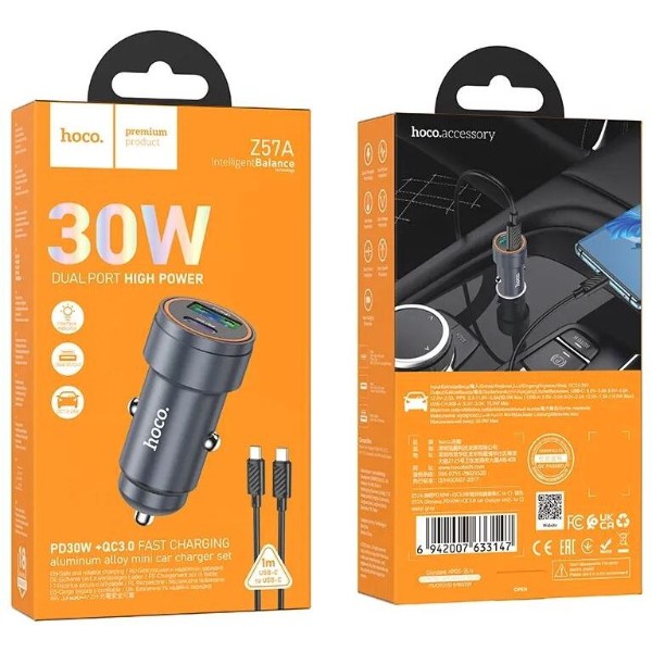 Фото - Автомобільний зарядний пристрій HOCO Z57A Glorious PD30W+QC3.0 Metal Gray (6942007633147)