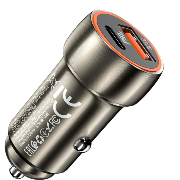 Фото - Автомобільний зарядний пристрій HOCO Z46A Blue whale PD20W+QC3.0 car charger Metal Gray (6931474770332)