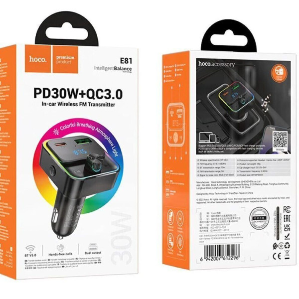 Фото - FM модулятор HOCO E81 PD30W+QC3.0 car BT Black (6942007612296)