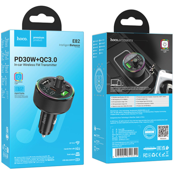Фото - FM модулятор HOCO E82 PD30W+QC3.0 car BT Black (6942007620642)