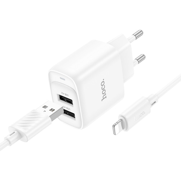 Фото - Сетевое зарядное устройство HOCO C141A Smart dual-port charger set(iP) White (6942007627870)