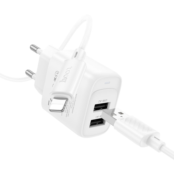 Фото - Сетевое зарядное устройство HOCO C141A Smart dual-port charger set(iP) White (6942007627870)