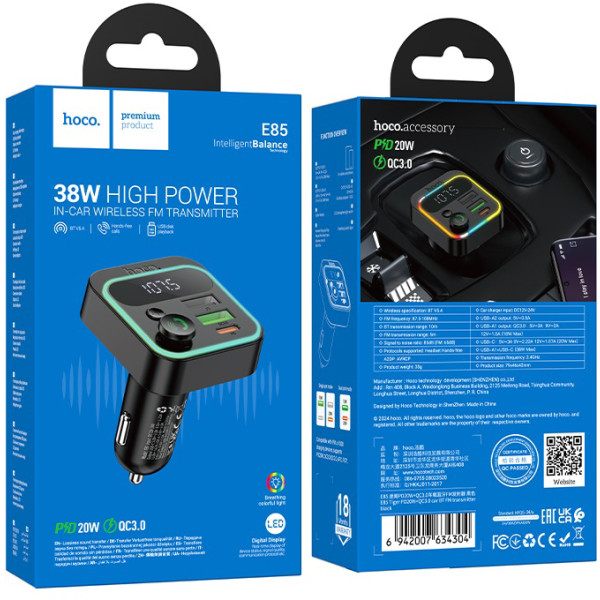 Фото - FM модулятор HOCO E85 Tiger PD20W+QC3.0 car BT Black (6942007634304)