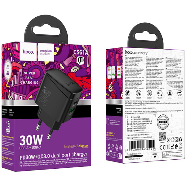 Фото - Мережевий зарядний пристрій HOCO CS61A Bright PD30W+QC3.0 (EU) Black (6942007638425)