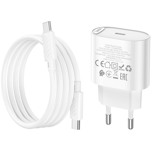 Фото - Сетевое зарядное устройство HOCO C109A(PD20W) Fighter single port PD20W charger set(C to C) White (6942007656672)