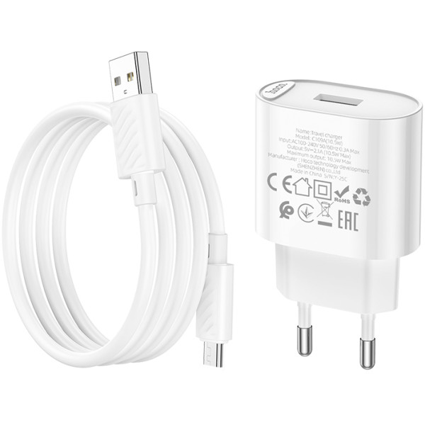 Фото - Сетевое зарядное устройство HOCO C109A(10.5W) Fighter single port charger set(Micro) White (6942007656603)