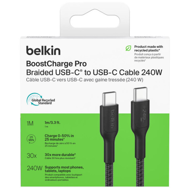 Фото - Кабель синхронізації даних Belkin USB-C > USB-C 1m 240Вт, Type-C Black (CAB025HQ1MBK)