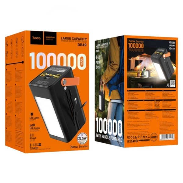 Фото - Батарея мобільна HOCO DB49 Action 22.5W +вбудовані кабелі +LED 100000 mAh Black (715352)