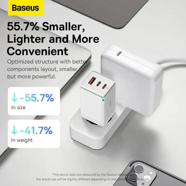 Фото - Мережевий зарядний пристрій Baseus 65W GaN5 Pro 2C+U White (CCGP120202)