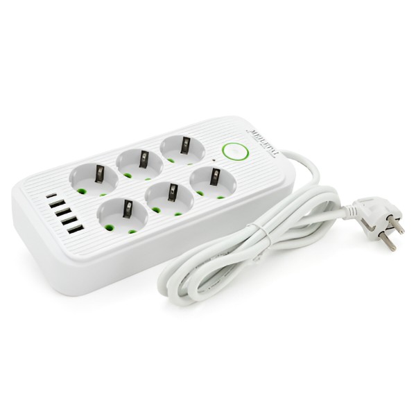 Фото - Сетевой фильтр Voltronic F06U 6 розеток EU + 4 USB + 1PD кнопка вкл. с индикаторои 2 м White