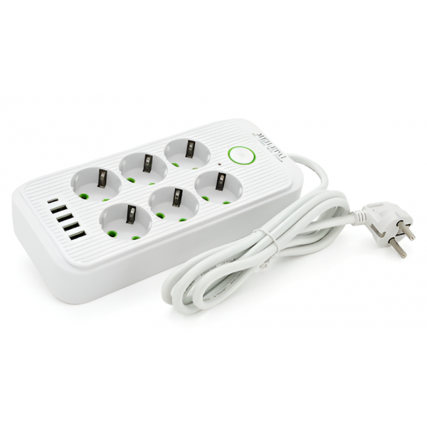 Фото - Мережевий фільтр Voltronic F06U 6 розеток EU + 4 USB + 1PD кнопка вкл. з індикаторами 2 м White