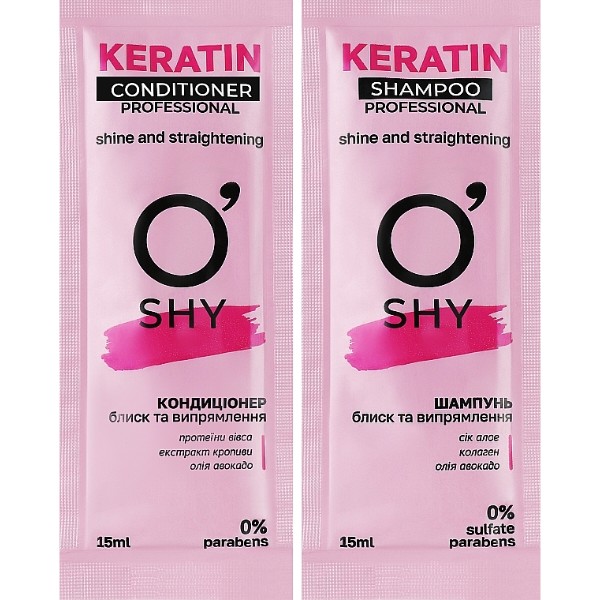 Фото - Шампунь жіночий O'Shy + кондиционер Keratin. Блиск та випрямлення 30 мл (4820195509579)