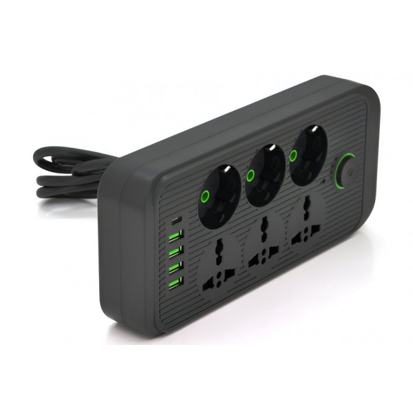 Фото - Мережевий фільтр Voltronic F07U 6 троянд. (3 EU+3 Universal) + 4 USB + 1PD кнопка вкл. з індикатором 2 м Black