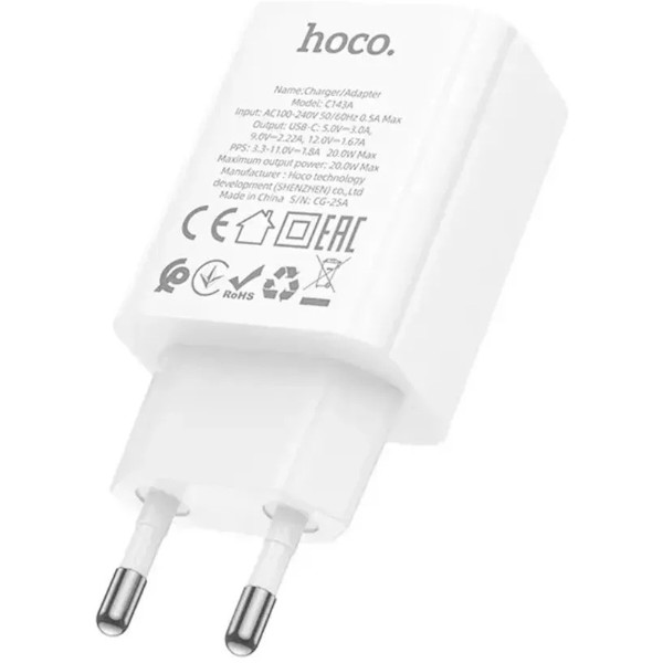 Фото - Сетевое зарядное устройство HOCO C143A (1USB-C, 3А) 20W White (6942007652063)