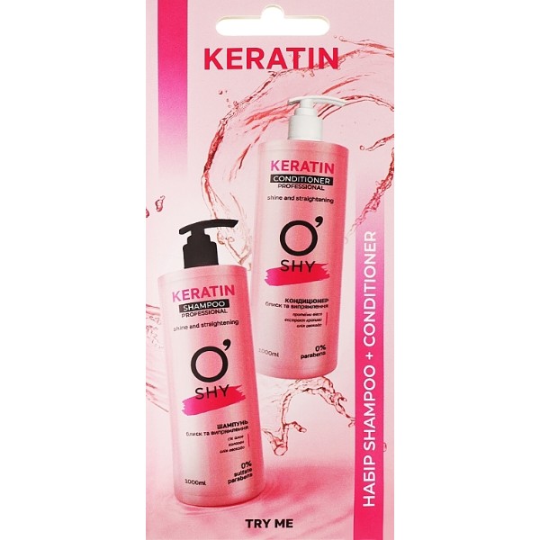 Фото - Шампунь жіночий O'Shy + кондиционер Keratin. Блиск та випрямлення 30 мл (4820195509579)